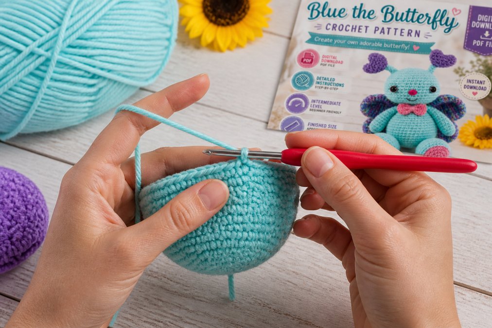 Close-up of hands working an intermediate crochet stitch with a crochet hook pulling yarn through stitches, showing clear stitch definition and even tension with colorful worsted weight yarn