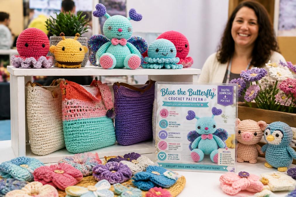 Craft fair vendor table displaying handmade crochet items including colorful bags, amigurumi toys, and accessories arranged on white shelving with small price tags, with a smiling vendor in the background