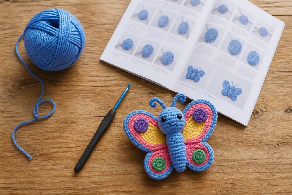 A flat lay of crochet supplies on a clean wooden table: a finished blue amigurumi butterfly with colorful wings, a ball of worsted weight yarn, a 3.25 mm crochet hook, and an open printed pattern PDF