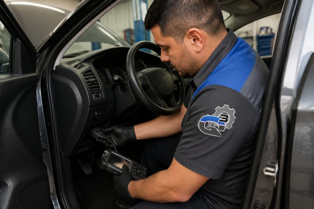A mechanic in a professional repair shop plugging an OBD-II scanner into a car's diagnostic port, with the vehicle's hood open in the background under bright workshop lighting