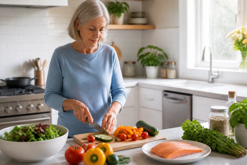 Woman in her 50s preparing a healthy meal during her eating window, with fresh vegetables and lean protein on the counter, natural kitchen lighting