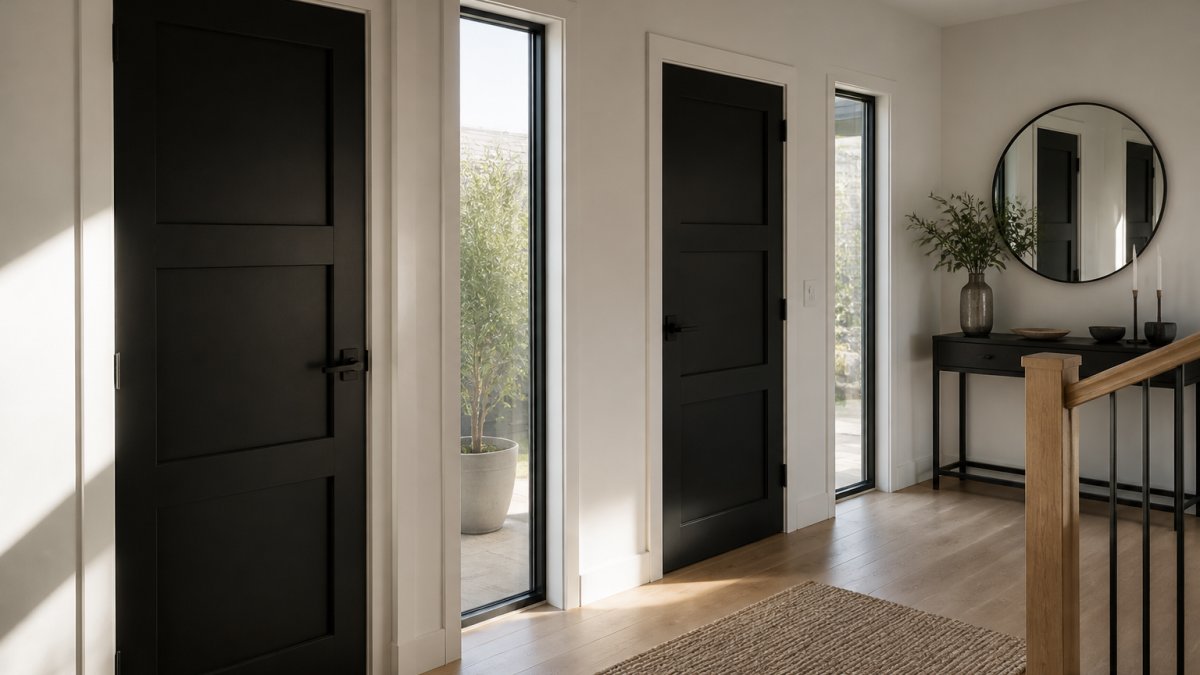 Modern hallway featuring black laminate internal doors with industrial three-panel detailing, natural light streaming through adjacent glazed panels, minimalist furniture and neutral colour palette creating a sophisticated contemporary space
