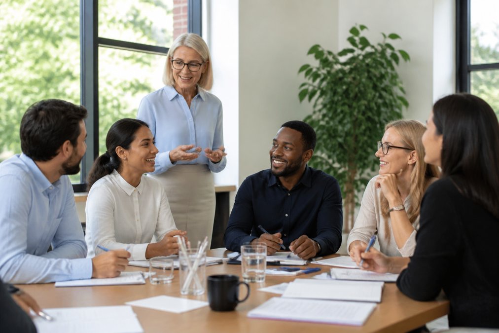 A diverse group of professionals seated around a table in a modern training room, actively engaged in discussion with a facilitator standing nearby, natural daylight from windows illuminating the space