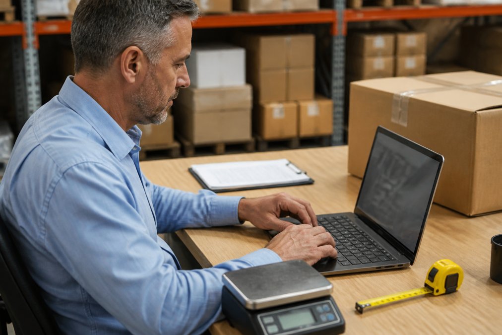 A logistics manager at a desk entering shipment dimensions into a laptop-based freight calculator, with a digital scale and measuring tape beside the keyboard and a packed carton visible in the background