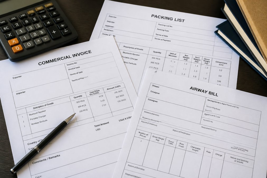 Close-up of international shipping documents including commercial invoice, packing list, and airway bill arranged on a desk with a pen and calculator nearby, showing detailed itemization
