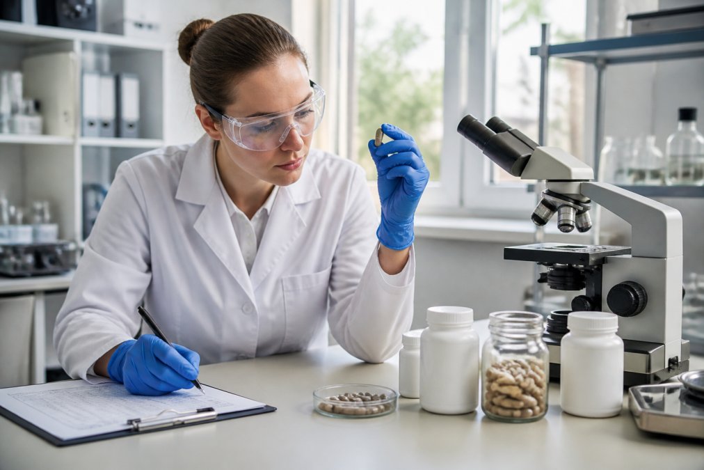 Professional laboratory technician in white coat examining supplement capsules and bottles with testing equipment and batch documentation visible on clean workbench with natural lighting
