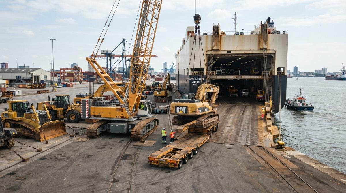 Heavy machinery being loaded onto a Roll-On/Roll-Off vessel at a busy international port with cranes, forklifts, and stacked equipment visible in daylight