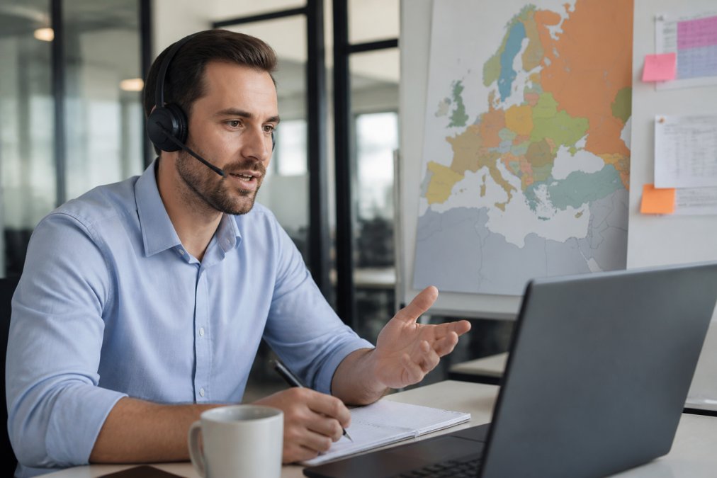 A sales professional on a headset speaking in a bright modern office, with a European map and pipeline notes visible on a monitor behind them