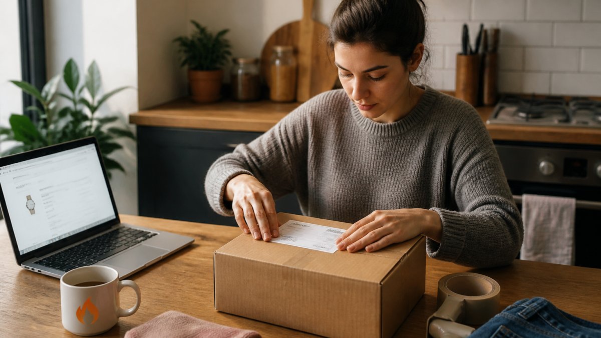 Step-by-step infographic showing the process of attaching a shipping label to a box for an international return