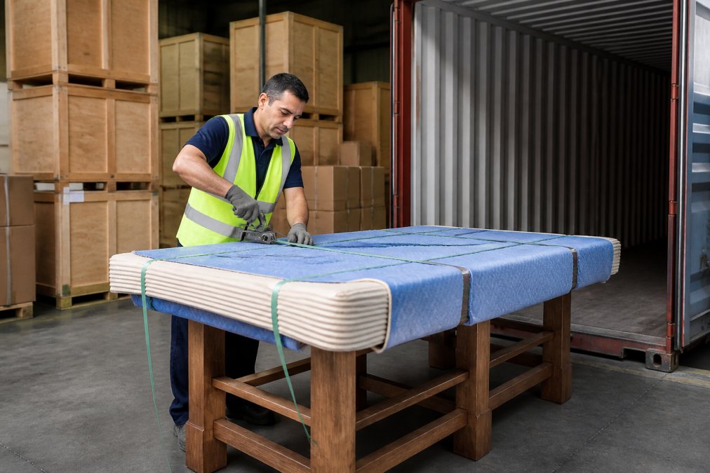 Warehouse worker in high-visibility vest and gloves strapping protective blankets and edge guards around a timber dining table before it is loaded into a shipping container, with wooden crates and cardboard cartons stacked behind