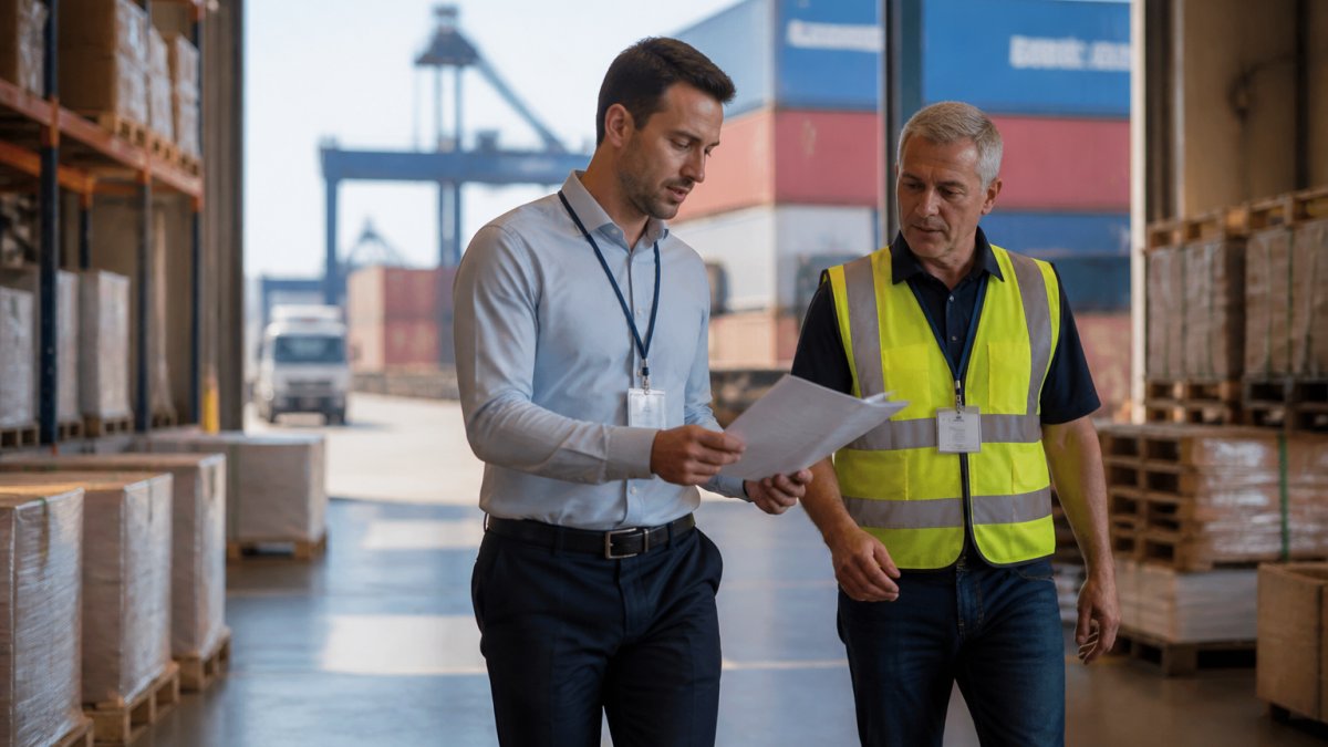 Logistics professional reviewing documents for international shipping logistics at a busy port terminal office.