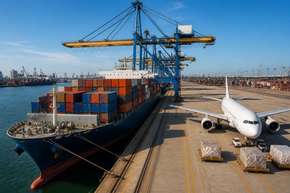 Stacked cargo containers at a busy port terminal with large shipping vessels docked and container cranes operating under bright daylight