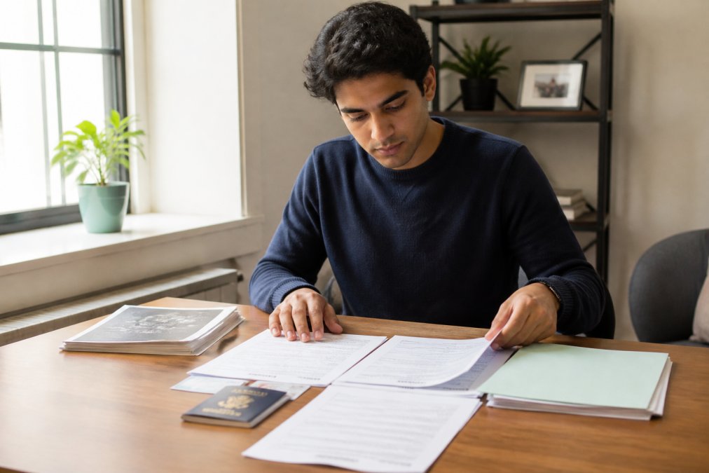 International student organizing documents on a table with passport, I-20 form, proof of residency, and other required paperwork neatly arranged in organized stacks
