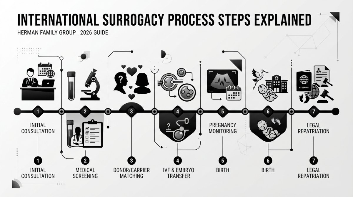 Process diagram showing steps for international surrogacy agency for single parents