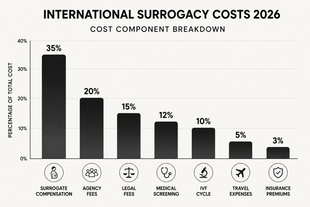 Professional illustration showing international surrogacy costs