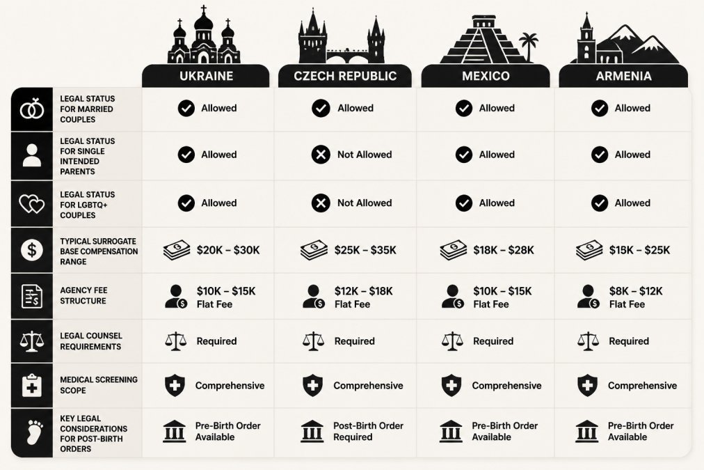 Visual comparison chart showing Comparison, Ukraine, Czech Republic, Mexico for international surrogacy costs