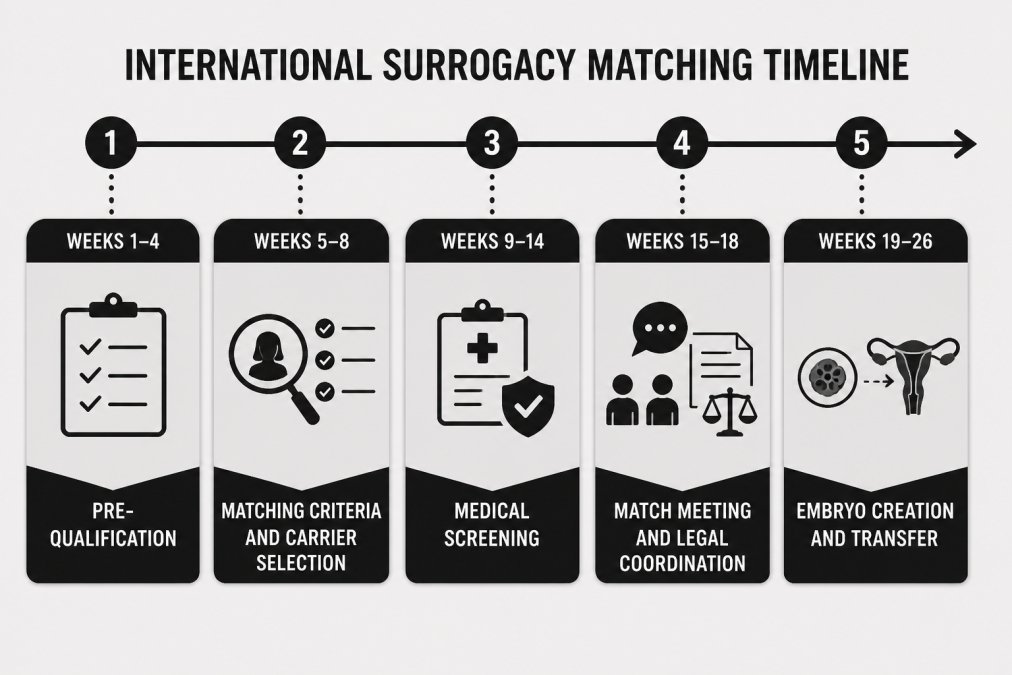 Timeline diagram showing international surrogacy matching phases: Pre-qualification (weeks 1-4), Matching criteria and carrier selection (weeks 5-8), Medical screening (weeks 9-14), Match meeting and legal coordination (weeks 15-18), Embryo creation and transfer (weeks 19-26)