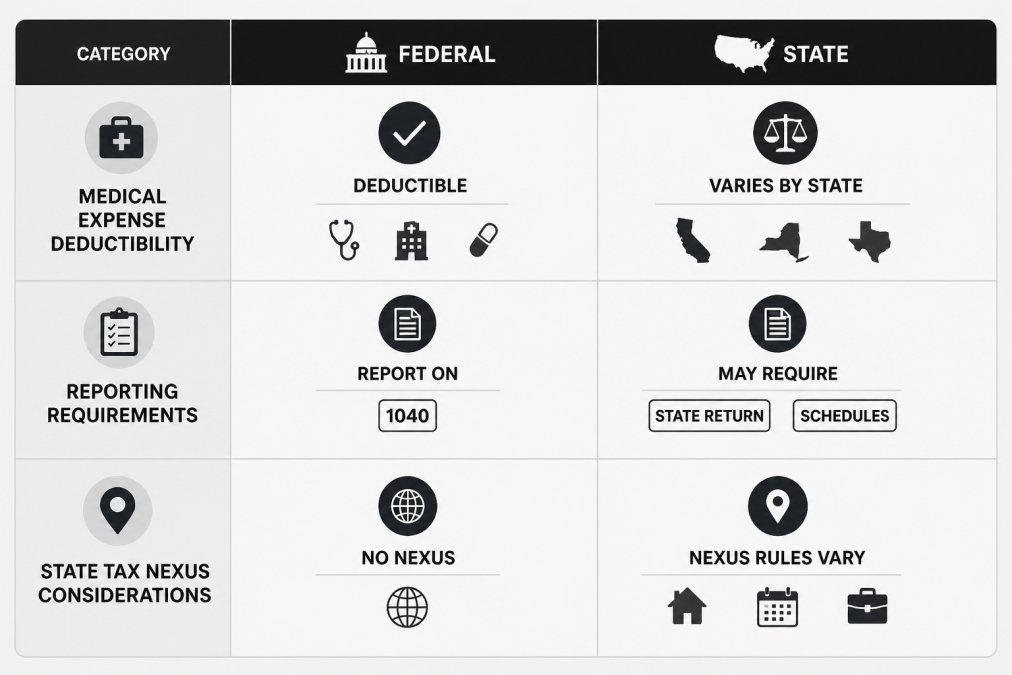 Comparison matrix detailing federal versus state surrogacy tax treatment for medical expenses and reporting.