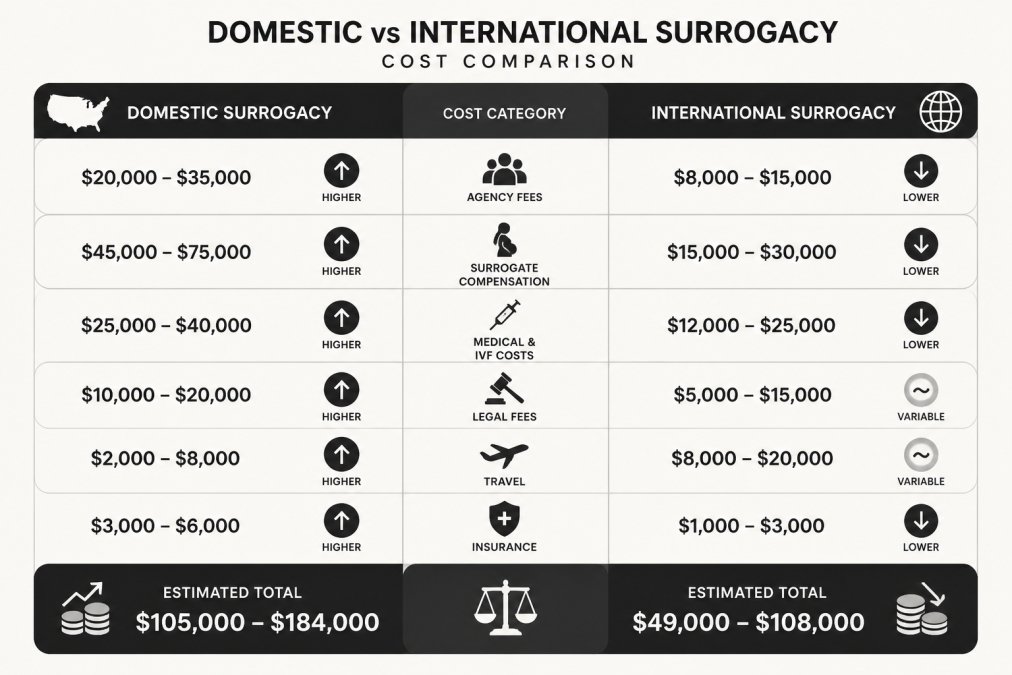 Comparison matrix detailing domestic versus international surrogacy costs across agency, medical, and legal fees.