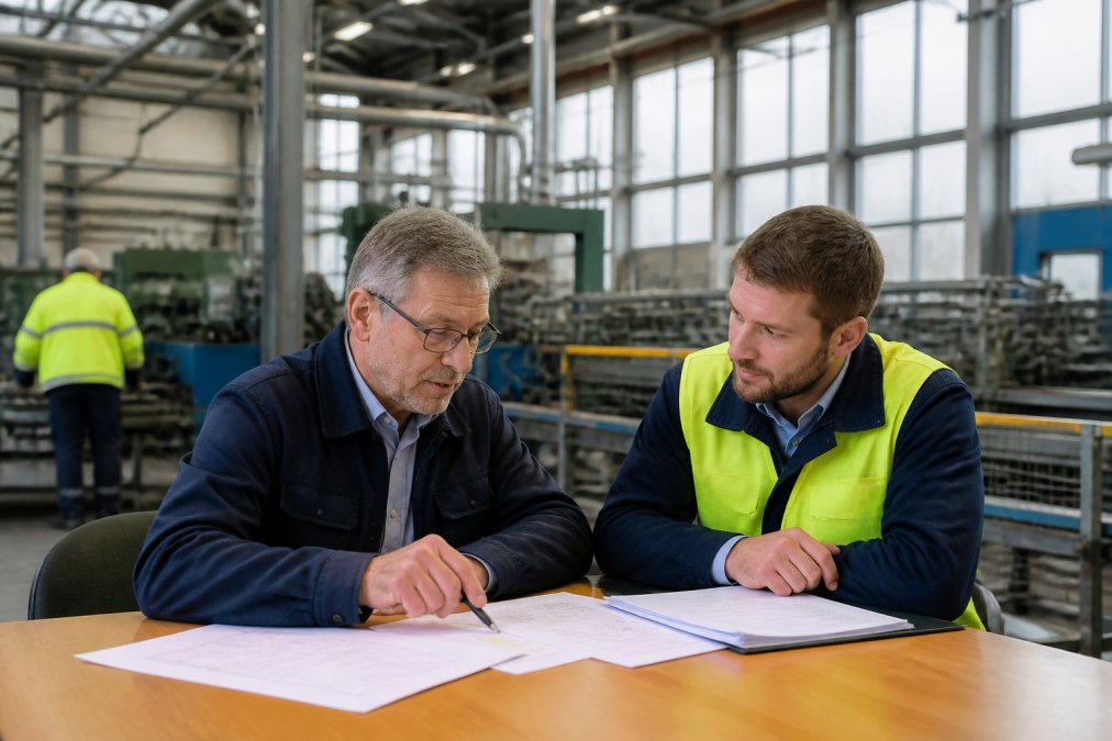 Zwei Fachleute im Arbeitsschutz besprechen Unterlagen am Besprechungstisch einer Werkhalle, im Hintergrund laufen Produktionsanlagen, Tageslicht durch Hallenfenster