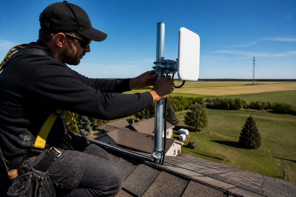 Technician installing a fixed wireless antenna for an internet provider for rural areas on a sunny roof