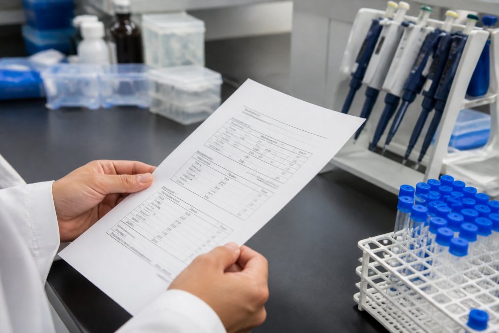 Close-up of a scientist's hands holding a printed laboratory certificate of analysis document on a clean lab bench, with a laptop and pipettes visible in the background