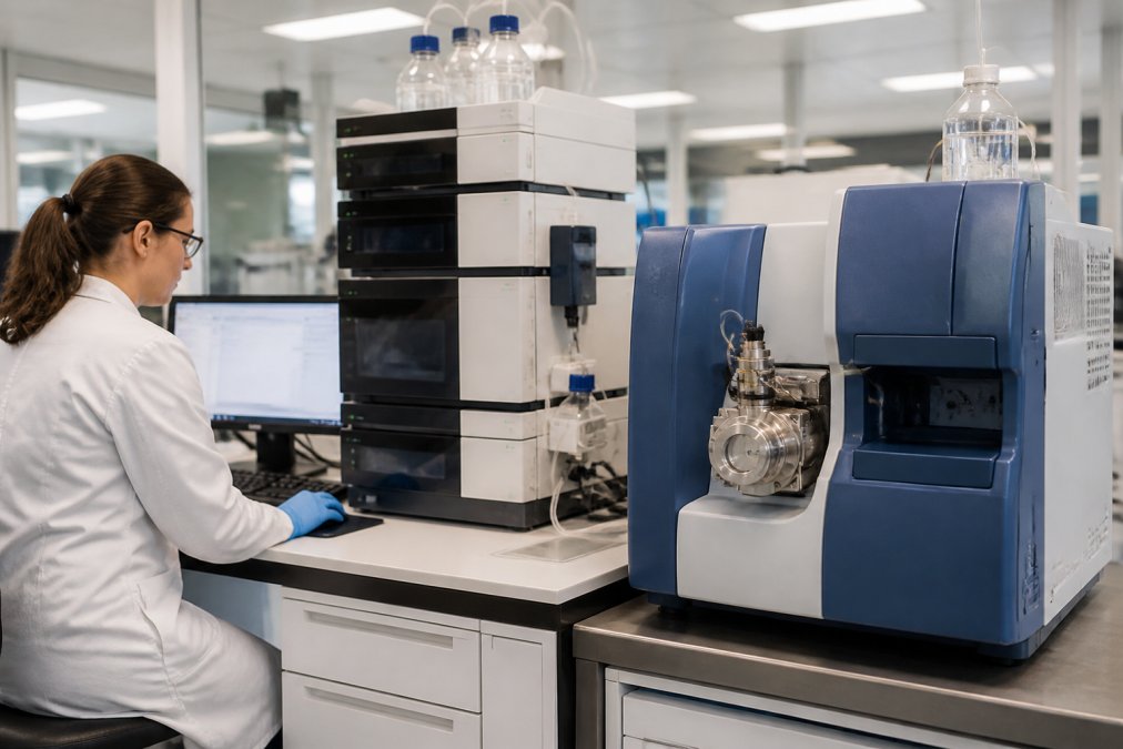 A laboratory researcher in a white coat reviewing data on a computer screen next to an HPLC instrument in a modern analytical chemistry lab, with bright overhead fluorescent lighting