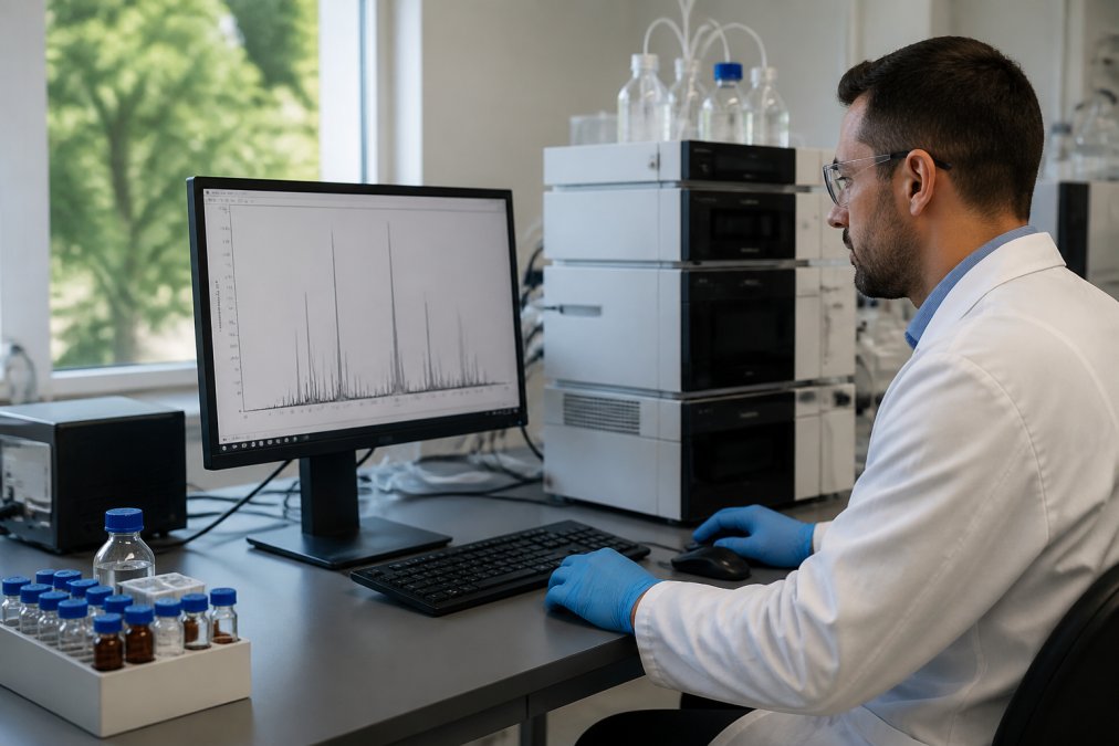 Professional analytical chemist examining mass spectrometry output on a computer monitor in a modern laboratory, with peptide sample vials and chromatography equipment visible on the bench beside the workstation