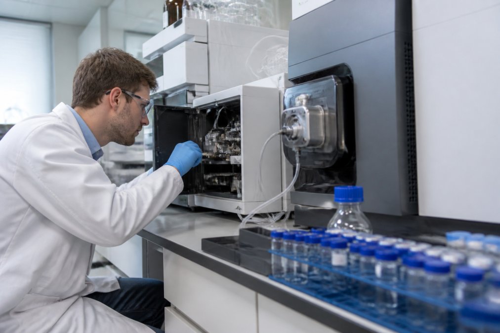 Research scientist examining HPLC instrument in a temperature-controlled analytical laboratory, with mass spectrometry data displayed on a nearby monitor and sample vials organized on the bench