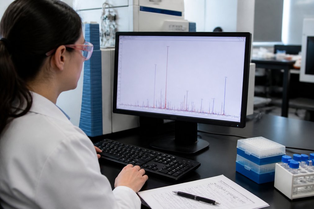 A researcher in a laboratory coat examining a mass spectrometry spectrum on a large computer monitor, with a printed peptide sequence diagram and pen on the desk beside the keyboard