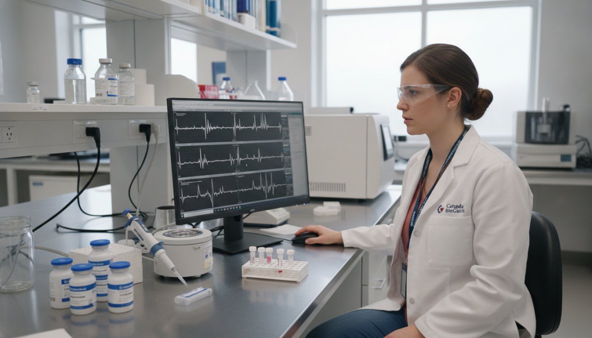 Researcher examining mass spectrometry data on a computer screen in a modern proteomics laboratory, with spectral graphs and amino acid sequence annotations visible on the display