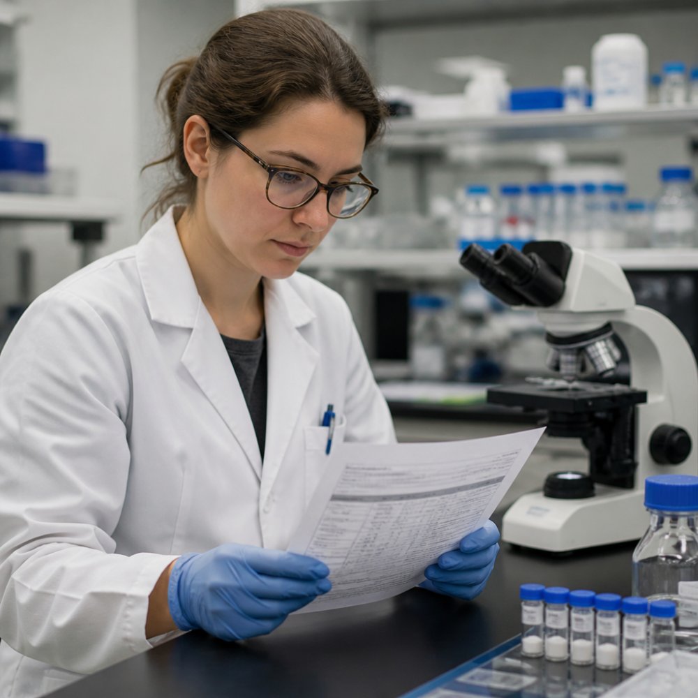 Professional researcher examining a printed Certificate of Analysis document at a laboratory bench with microscope and sample vials in background