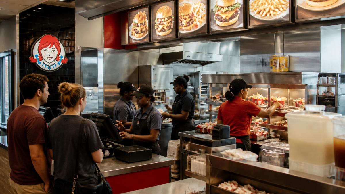 Interior of a busy Wendy's restaurant with customers ordering at the counter and staff preparing food behind the service line, warm lighting and active service