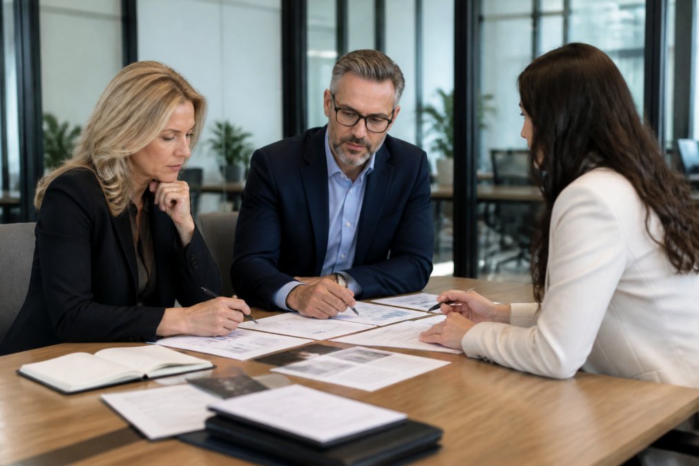 Professional business leaders conducting a structured interview with a marketing candidate in a modern office setting, reviewing strategy documents and notes together