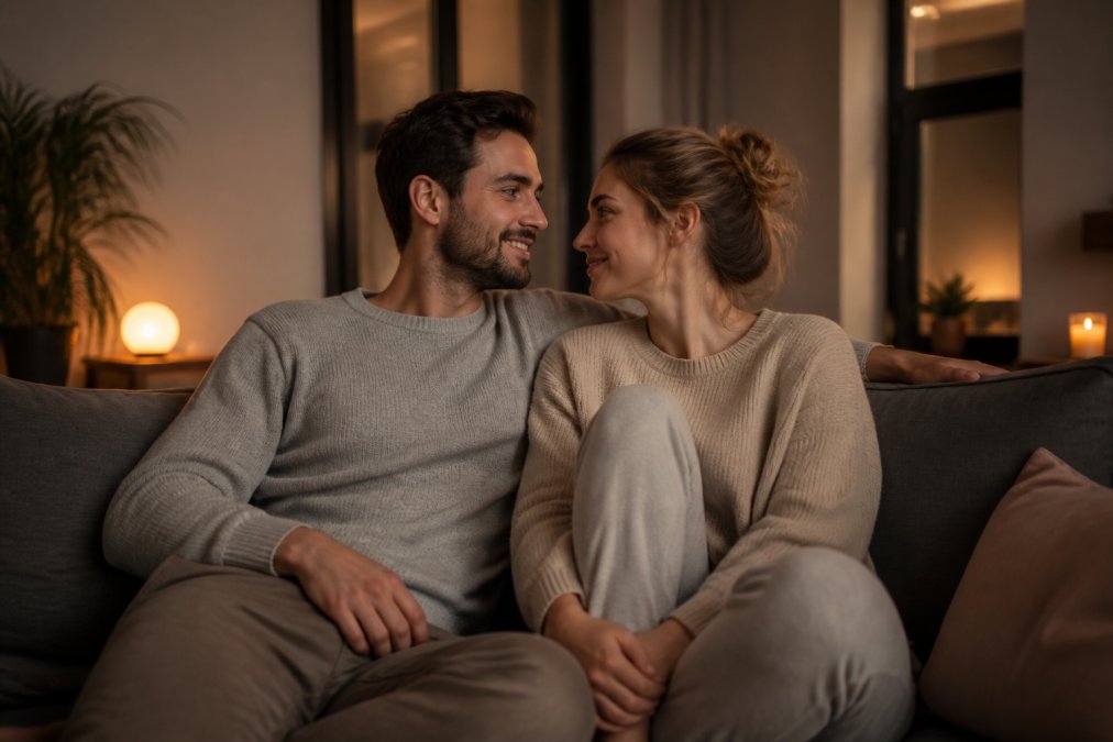 Een koppel zittend op een bank, zich naar elkaar toe wendend met ontspannen lichaamshouding, warm licht, intiem moment van verbondenheid