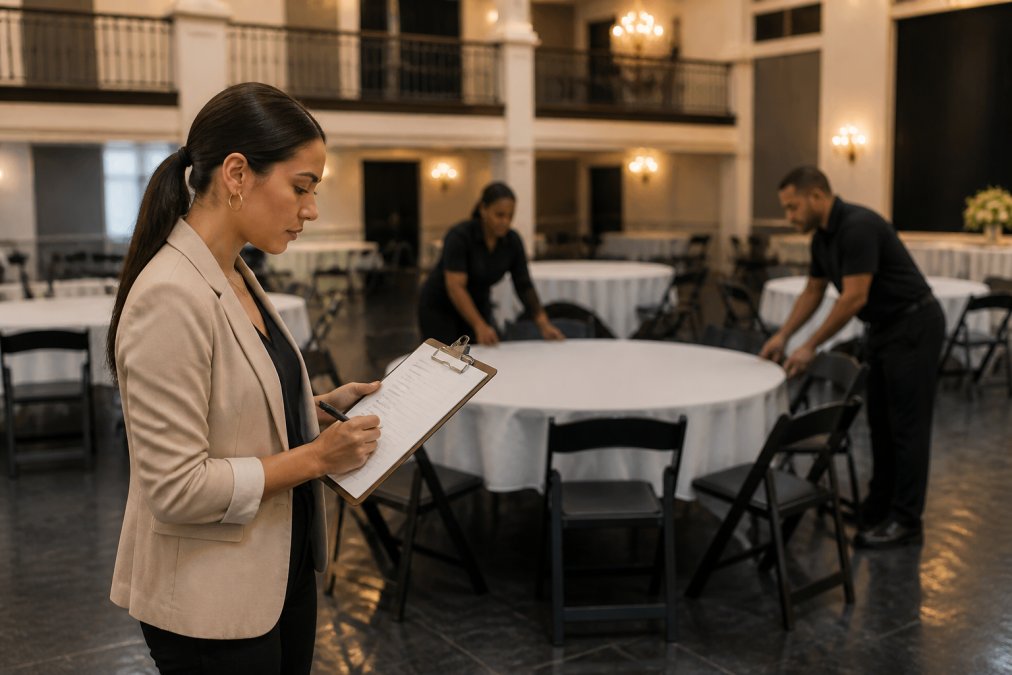 Corporate event planner in business casual attire reviewing a printed checklist on a clipboard during a venue walkthrough, with two event staff members arranging round tables and folding chairs in the warmly lit background