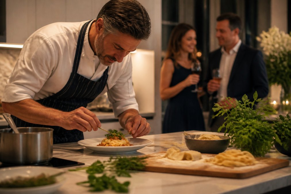 A private chef plating a beautifully presented dish in a modern Sydney home kitchen, with fresh herbs and handmade pasta visible on the counter, warm ambient lighting, and a smiling couple in the background