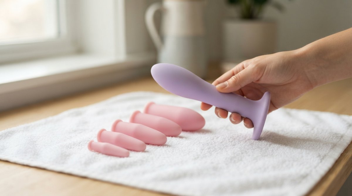 A close-up photo of a hand holding a medical-grade silicone pelvic wand and a set of graduated dilators arranged on a soft white towel, with soft natural window lighting