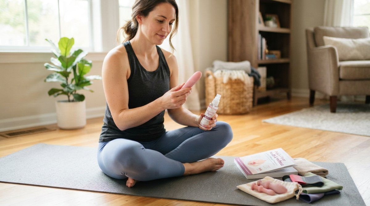 Woman sitting on a yoga mat holding an Intimate Rose silicone dilator and lubricant near a therapy guidebook