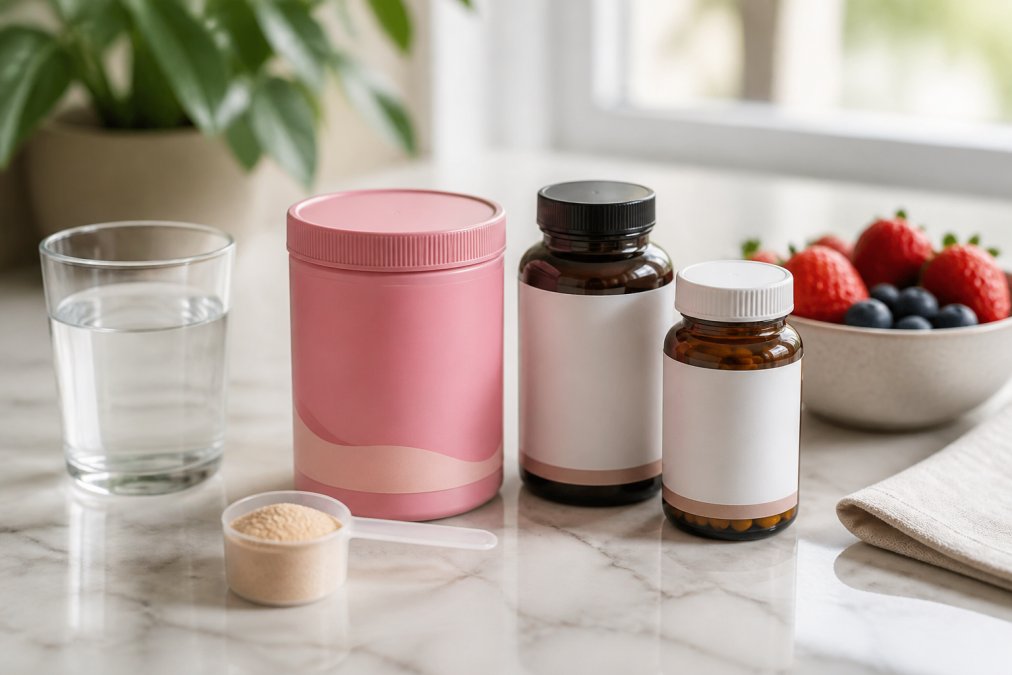 A flat lay of several supplement bottles and a scoop of powder on a clean marble countertop, with a glass of water and fresh fruit nearby, natural daylight