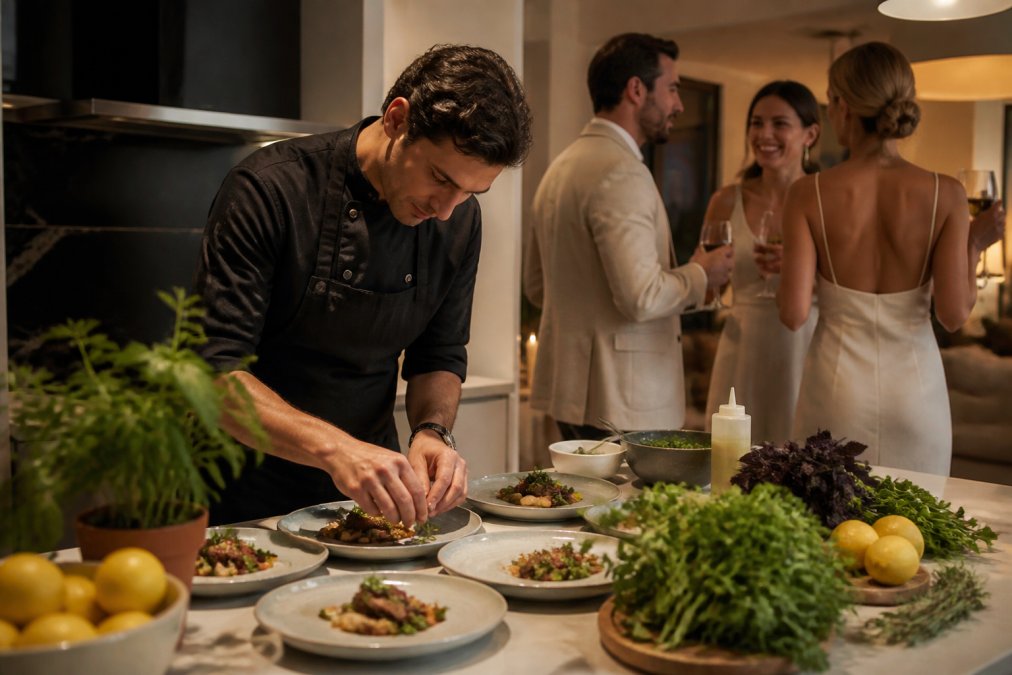 A private chef plating an elegant dish in a home kitchen while a small group of wedding guests talk and laugh in the background, warm evening light, fresh herbs and ingredients on the bench
