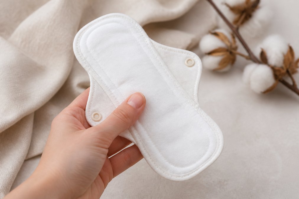 Close-up of a woman's hand holding a white organic cotton sanitary pad, soft natural fabric texture visible, placed on a light neutral background with gentle daylight