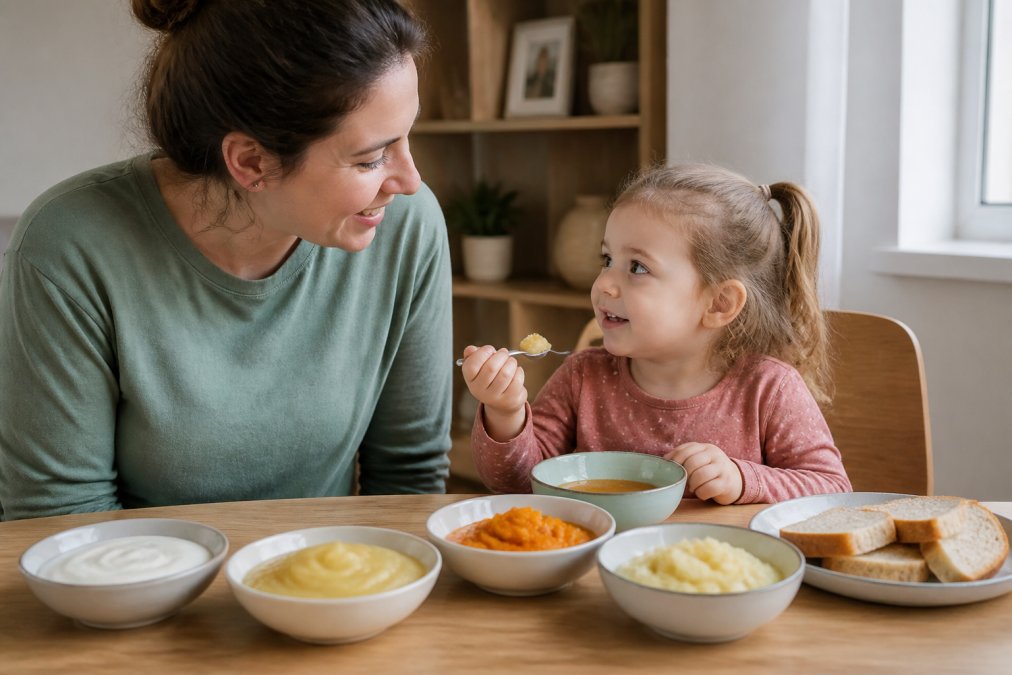 Infographic showing a step-by-step process to introduce new food textures using soft healthy meal options.
