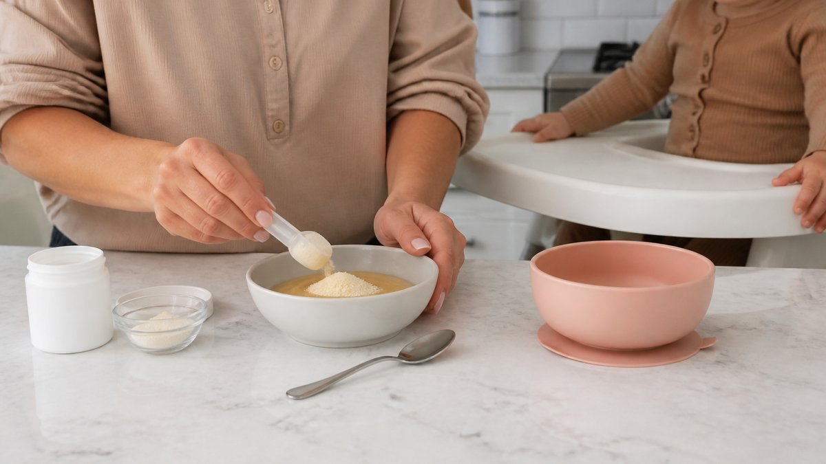 Parent mixing a tasteless probiotic powder into a bowl of yogurt for a toddler at a kitchen counter