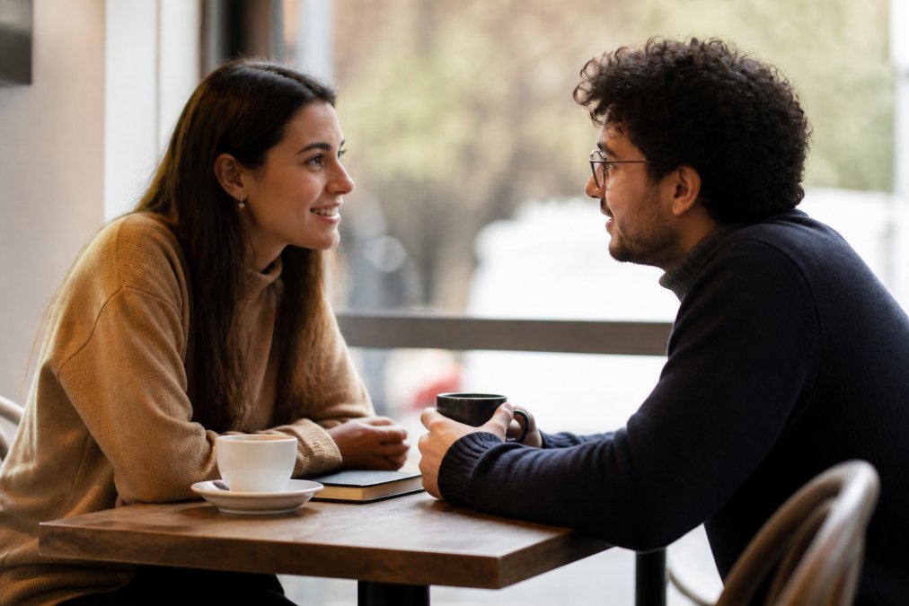 Two professionals engaged in focused conversation at a quiet coffee shop table, both leaning in with attentive body language and genuine smiles, natural afternoon lighting