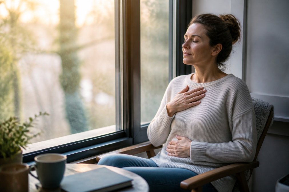 Intuition, Fear or Overthinking? How to Tell Them Apart 1 A woman sitting quietly by a large window with one hand resting on her chest and the other on her stomach, eyes closed, soft morning light, calm and reflective mood