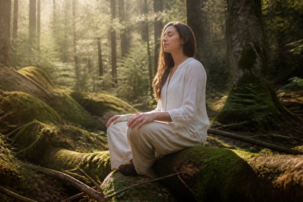 Intuitive Development: A Practical Guide to Strengthening Your Inner Knowing 1 A woman sitting peacefully on a mossy log in a sunlit forest, eyes closed, hands resting gently on her knees, soft golden light filtering through the trees
