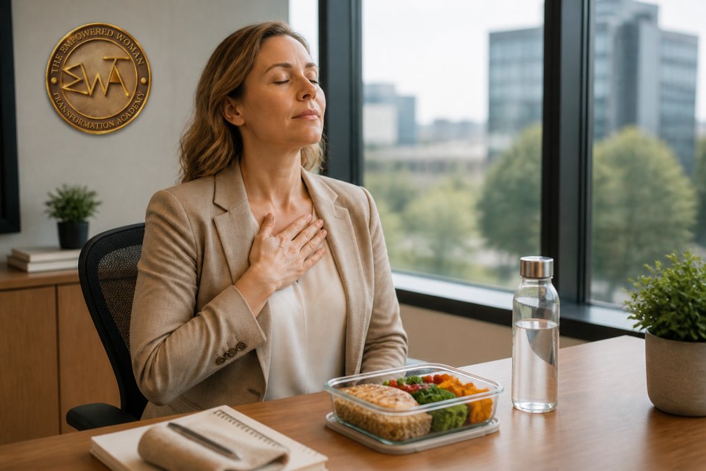 Professional woman at her desk pausing during a busy workday, hand on her chest taking a deep breath, with a meal and water bottle nearby on the desk, natural office lighting from window