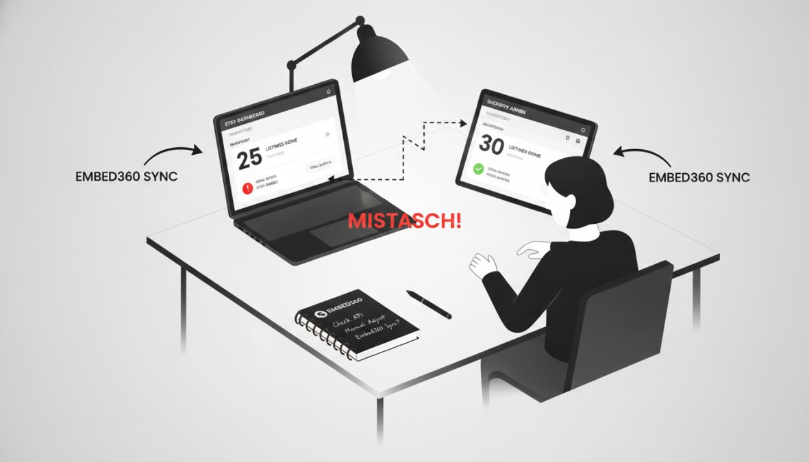 Small business owner at a desk reviewing inventory on multiple screens, laptop showing Etsy dashboard, tablet showing Shopify admin, notebook with notes nearby, natural office lighting