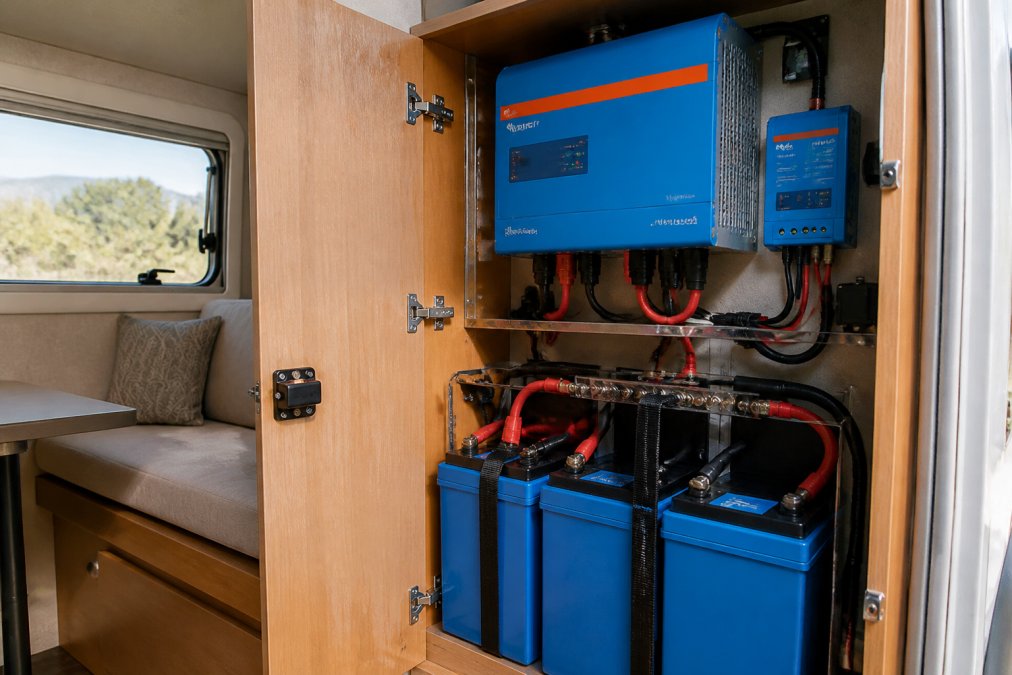 Electrical cabinet in an RV showing an inverter charger unit mounted above a lithium battery bank with visible DC wiring and solar controller connections, natural daylight through window